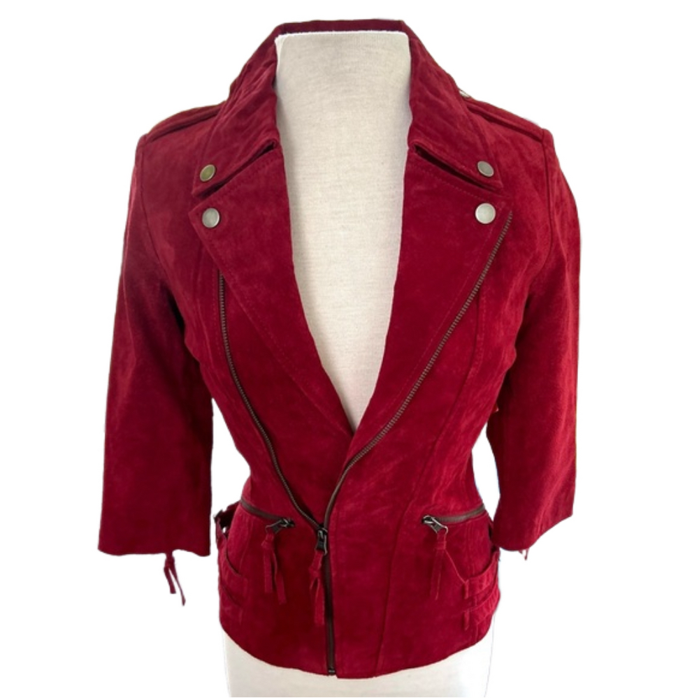 ASOS Red Suede Biker Leather Jacket Size US 4 UK 8 Fitted Moto Zipper Snaps NEW